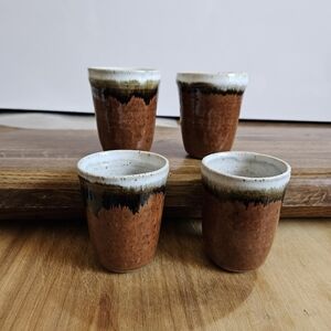 Set of 4 Handmade Drip Glazed Stoneware Mugs or Tumblers.